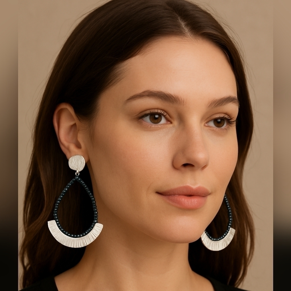 Marlyn Schiff Silver and Black Bead Crescent Earrings